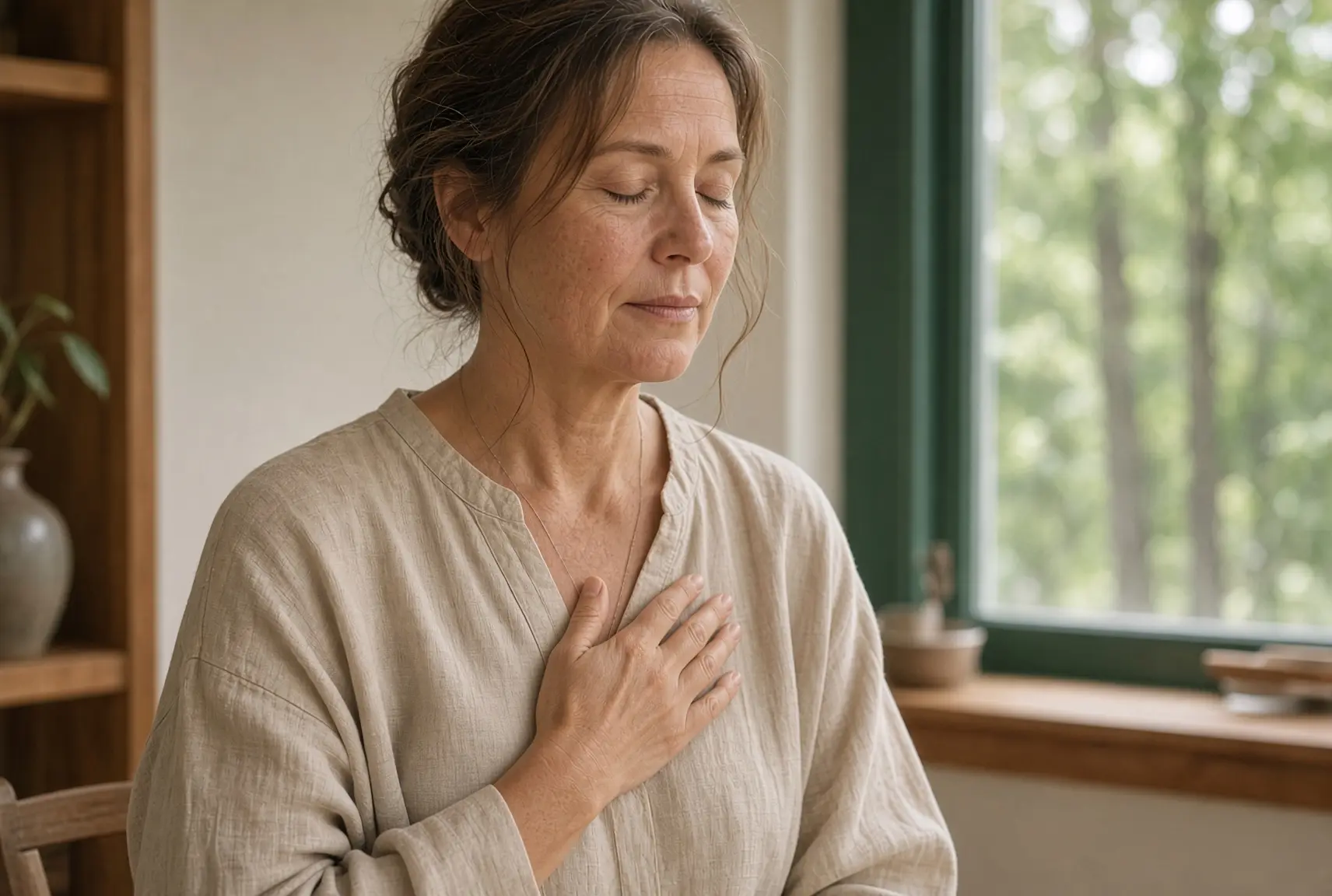 A middle-aged woman with her eyes closed, wearing a light beige linen tunic, with one hand gently placed on her chest in a mindful, calming posture indoors near a sunlit window.