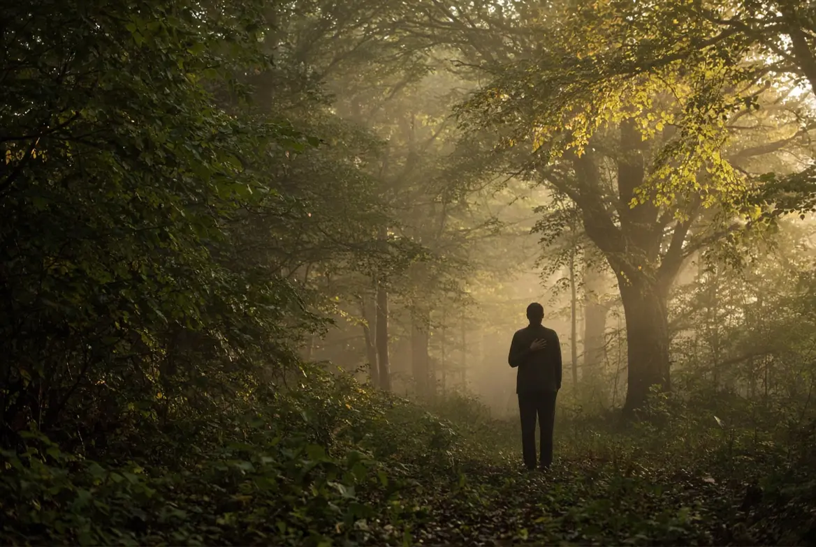 A person standing alone in a lush, misty forest with golden morning sunlight filtering through the dense canopy of trees, with one hand placed gently on their chest.